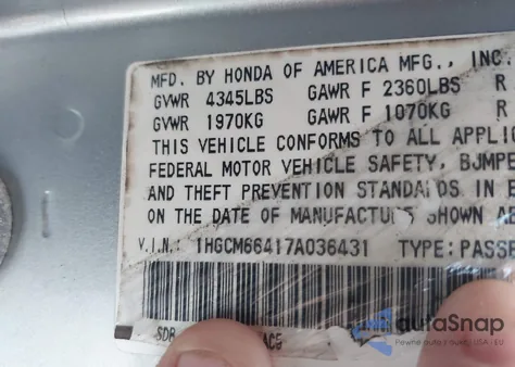 2007 Honda Accord 3.0 Se from USA, damaged, VIN 1HGCM66417A036431